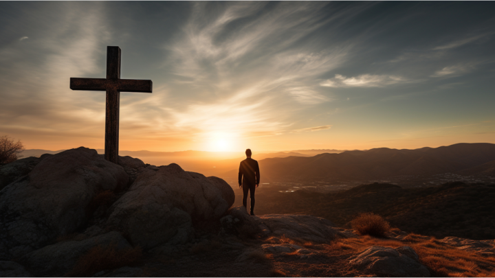 man beside cross at sundown in the foothills